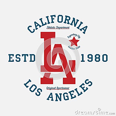 Los Angeles, California typography for design clothes. Graphics for print product, t-shirt, vintage sport apparel. Vector. Vector Illustration