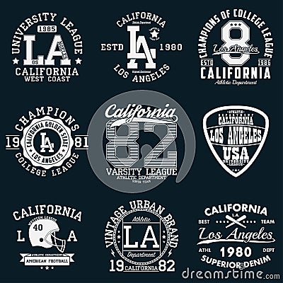 Los Angeles, California typography. Set of athletic print for t-shirt design. Graphics for sport apparel. Collection of tee shirt. Vector Illustration