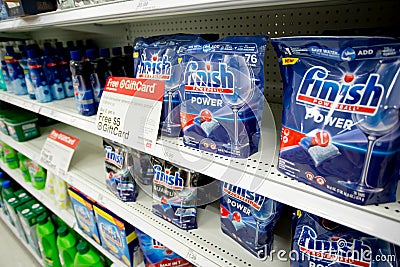 Finish Powerball dishwasher detergent tablets at store Editorial Stock Photo