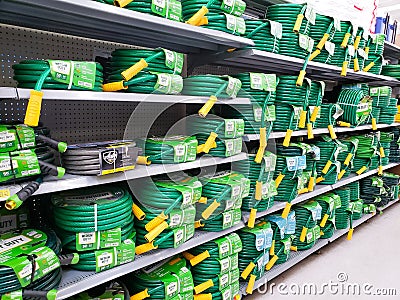 Garden hoses at the store Editorial Stock Photo