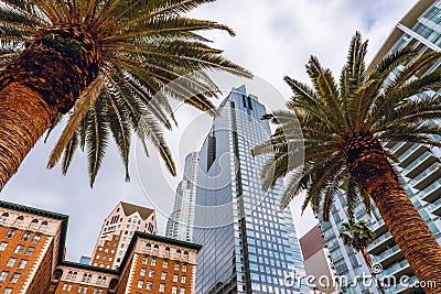 Biltmore Hotel, U.S. Bank Tower, and the Deloitte building or Gas Company Tower, view from Pershing Square, downtown Los Angeles, Editorial Stock Photo