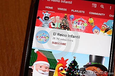 Los Angeles, California, USA - 18 December 2019: El Reino Infantil YouTube channel on phone screen close-up, Illustrative Editorial Stock Photo
