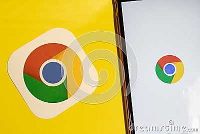 Los Angeles, California, USA - 12 February 2020: Google Chrome app logo and phone with icon close up , Illustrative Editorial Editorial Stock Photo