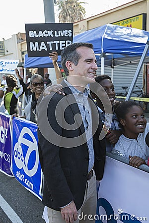 Los Angeles, California, USA, January 19, 2015, 30th annual Martin Luther King Jr. Kingdom Day Parade, LA Mayor Eric Garcetti with Editorial Stock Photo