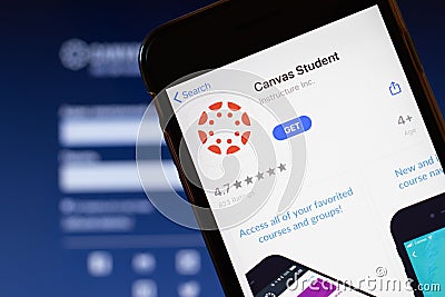 Los Angeles, California, USA - 24 March 2020: Canvas Student app logo on phone screen close up with website on background with Editorial Stock Photo
