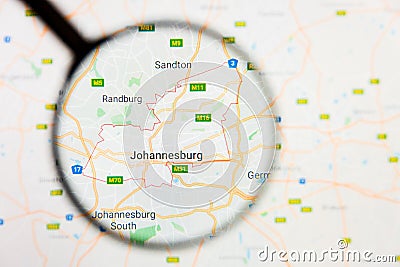 Johannesburg, South Africa city visualization illustrative concept on display screen through magnifying glass Editorial Stock Photo