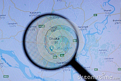 Los Angeles, California, USA - 1 May 2020: Dhaka City Town name with location on map close up, Illustrative Editorial Editorial Stock Photo