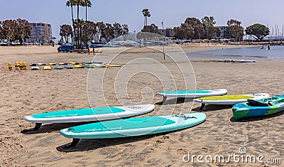 Surf boards on the beach, sunny spring day. Marina del Rey beach, California USA Editorial Stock Photo