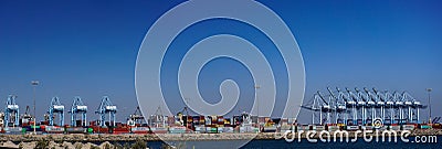 Panorama of large container cargo terminal with gantry cranes in the Port of Los Angeles, California Editorial Stock Photo