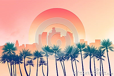 Los Angeles city downtown skyline illustration at dusk or down with sun in the background and palm trees in the foreground. Yellow Cartoon Illustration