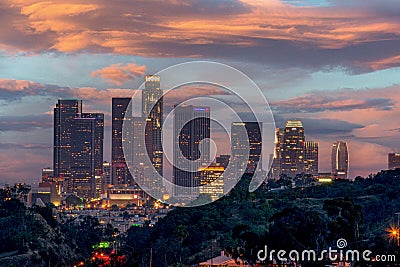 Los Angeles city lights with a display of its skyscrapers, downtown skyline at sunset Editorial Stock Photo