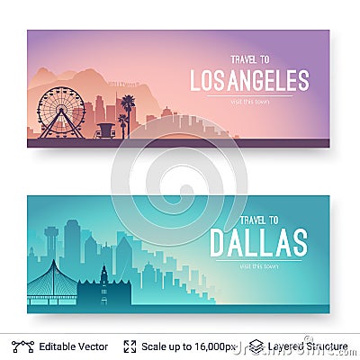 Los Angeles and Dallas famous city scapes. Vector Illustration