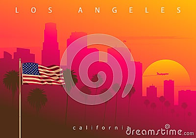 Los Angeles evening skyline California USA. Picturesque sunset in the City of Angels Vector Illustration