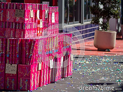 Party popper selling during Chinese New Year of China Town Editorial Stock Photo