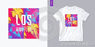 Los Angeles graphic t-shirt design with palm tress, summer retro print, colorful vector illustration Vector Illustration