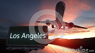 Los Angeles green road sign and airplane above with dramatic blue sky and clouds. 3d rendering Stock Photo