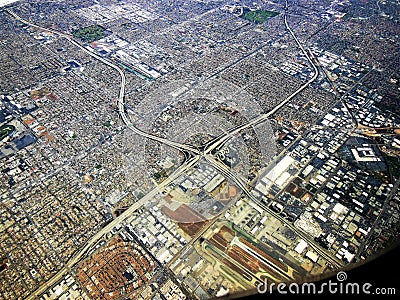 A Los Angeles Highway from Airplane Window Stock Photo