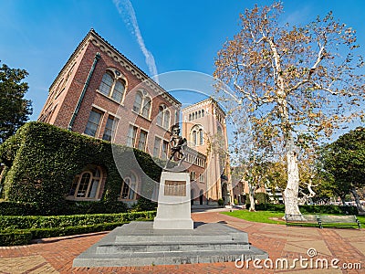 Afternoon sunny view of the Bovard Auditorium with Trojans statue of USC Editorial Stock Photo