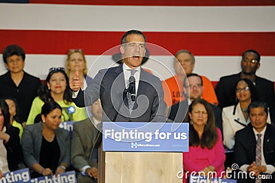 Los Angeles Mayor Eric Garcetti introduces Hillary Clinton at East Los Angeles College Cinco de Mayo, 2016 Editorial Stock Photo