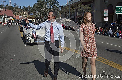 Los Angeles Mayor Eric Garcetti and wife, Jacque McMillan march in 115th Golden Dragon Parade, Chinese New Year, Los Angeles, Cali Editorial Stock Photo