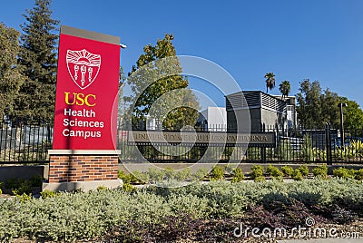 Sunny view of the Health sciences campus sign of the University of Southern California Editorial Stock Photo