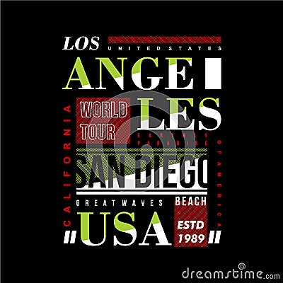 Los angeles san diego california beach graphic typography design t shirt vector art Vector Illustration