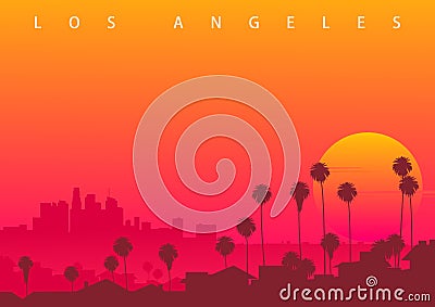 Los Angeles skyline CA USA. Symbolic illustration with the sunset over downtown LA Vector Illustration