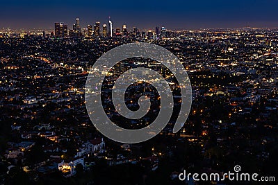 Los Angeles Skyline at Night wide angle Stock Photo