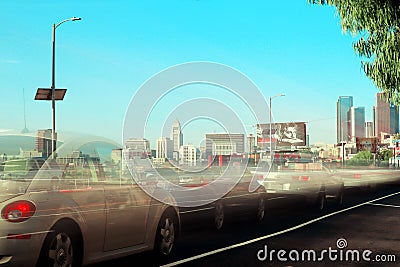 Los Angeles - Traffic view and Beautiful view of downtown LOS ANGELES - Long Exposure Photo Editorial Stock Photo