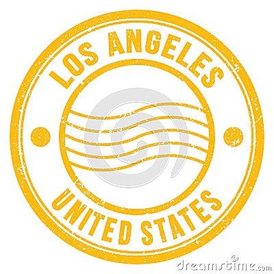 LOS ANGELES - UNITED STATES, words written on yellow postal stamp Stock Photo