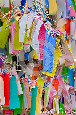 Los Angeles, USA - August 8, 2016 : Wish write on small color paper in Wishing tree at Little Tokyo, famous attraction place Editorial Stock Photo