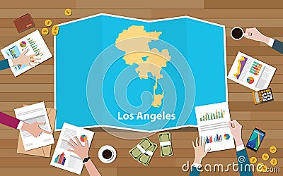 Los angeles usa united states america city region economy growth with team discuss on fold maps view from top Cartoon Illustration