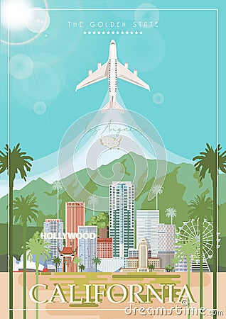 Los Angeles vector city card. California poster in colorful flat style. Vector Illustration