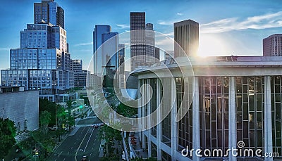 Los Angels city center. Los angeles aerial view, with drone. Los Angeles downtown skyline. Business centre of the Los Stock Photo