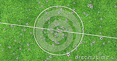 Los balones de fútbol de la animación de Digitaces que vuelan en vórtice en fondo del campo del fútbol con se descoloran hacia fu almacen de metraje de vídeo Los balones de fútbol de la animación de Digitaces que vuelan en vórtice en fondo del campo del fútbol con se descoloran hacia fu almacen de metraje de vídeo