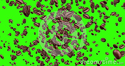 Los granos de café de la animación de Digitaces que vuelan en vórtice en fondo verde de la llave de la croma de la pantalla con s ilustración del vector Los granos de café de la animación de Digitaces que vuelan en vórtice en fondo verde de la llave de la croma de la pantalla con s ilustración del vector