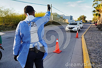 LOS MOCHIS, MEXICO - Apr 16, 2020: sanity police checkpoint Editorial Stock Photo