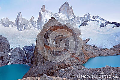 Los Tres and Sucia lakes by Fitz Roy mountain. Los Glaciares National park. Stock Photo