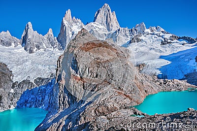 Los Tres and Sucia lakes by Fitz Roy mountain. Stock Photo