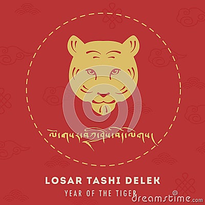 Losar Tashi Delek greeting card or square banner on red background. Year of Tiger Astrological Animal Sign. Tibetan Vector Illustration