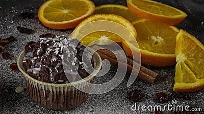 Ð¡lose-up of a delicious cake on a with slices of oranges Stock Photo