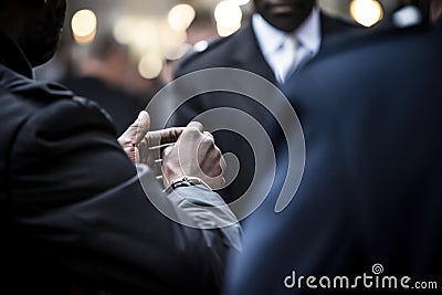 ?lose-up of the hands of a black official in police handcuffs arrested for a corruption offense Stock Photo