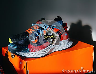 lose-up of new Gore-Tex nike running train shoes Editorial Stock Photo