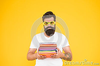 Losing yourself in great novel is one of lifes joys. Freak guy bookworm. Weirdo concept. Keep studying. He likes read Stock Photo