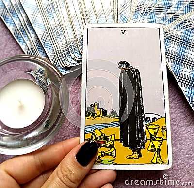 Five of Cups Tarot Card Loss Grief Trauma Bereft Despair Mourning Sadness Deep Sorrow Heart Broken Stock Photo