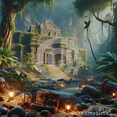 Lost city in the jungle with hidden treasures and booby trap Stock Photo