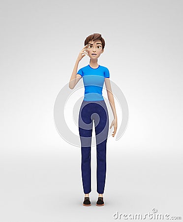 Lost and Concerned Psychic Jenny - 3D Cartoon Female Character Model - Challenged by Problem, Appears Serious Stock Photo