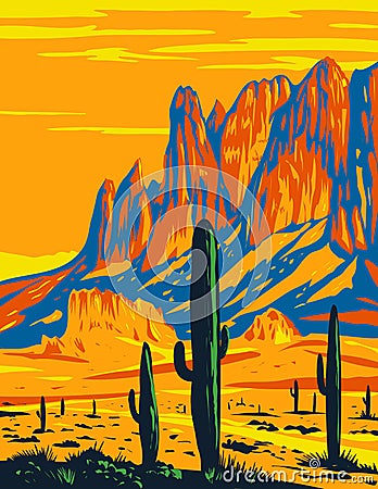 Lost Dutchman State Park Showing Flat Iron in the Superstition Mountains in Arizona USA WPA Poster Art Vector Illustration
