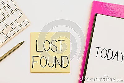 LOST FOUND text written on a notepad surrounded with some office supplies Stock Photo