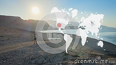 Lost hiker using tablet to navigate while hiking in North America Stock Photo